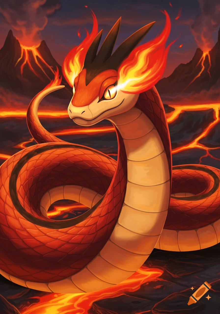 A snake-like fire creature with flames on its head and tail coils in a volcanic landscape with flowing lava.