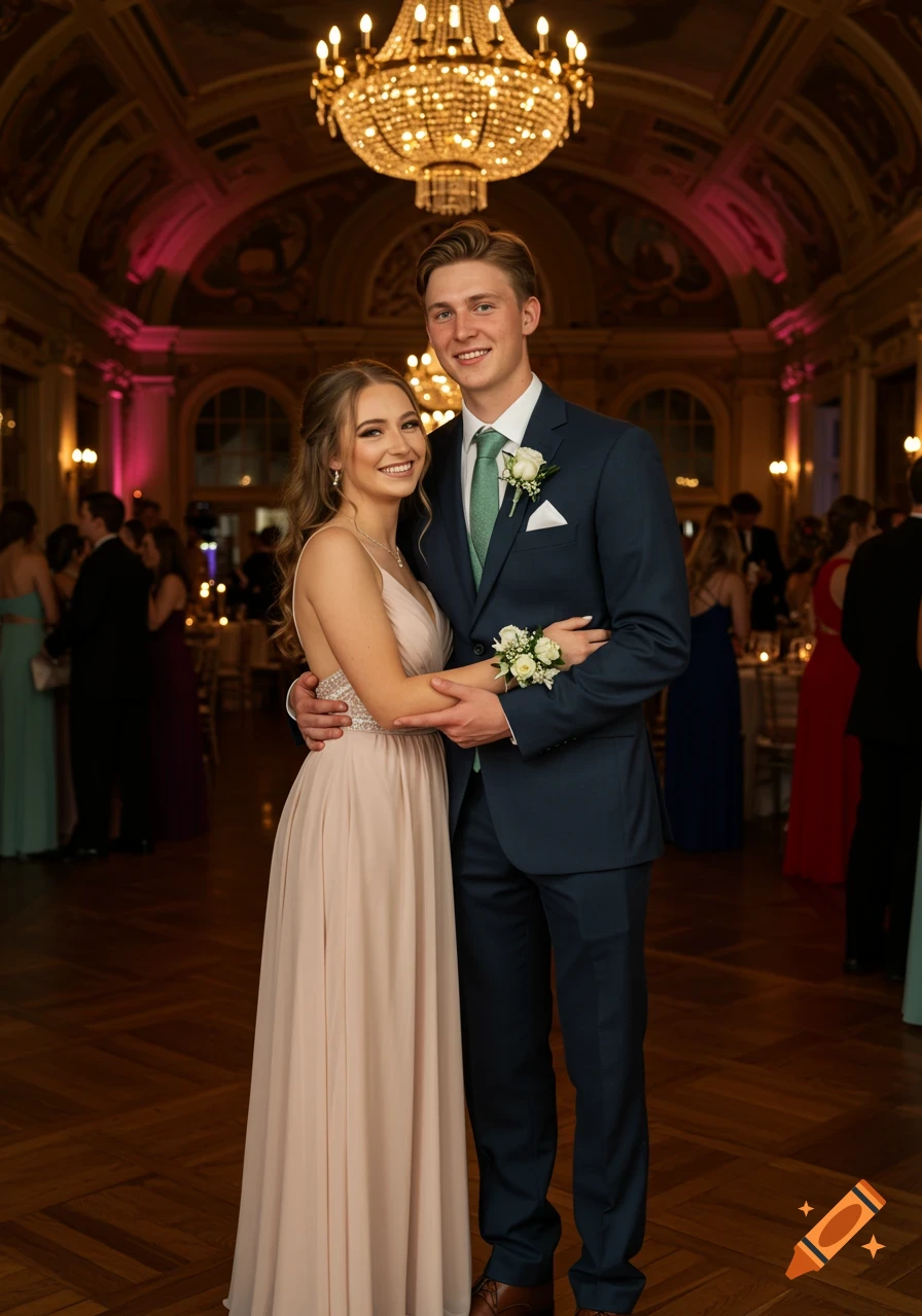 A young couple poses for a photo at a formal event in a grand hall.