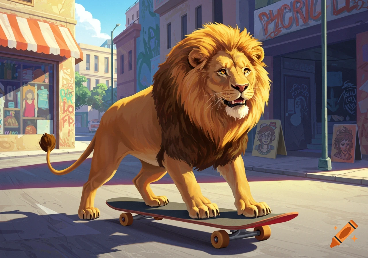 An illustrated lion rides a skateboard down a city street.