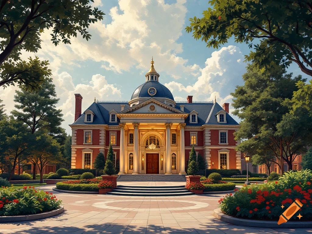 Grand classical mansion with a dome and columns, surrounded by gardens.
