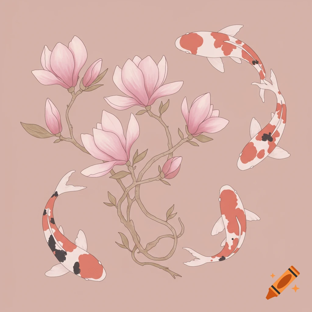 Magnolia flowers on vines with three koi fish swimming around them, in a simple, colored line art style.