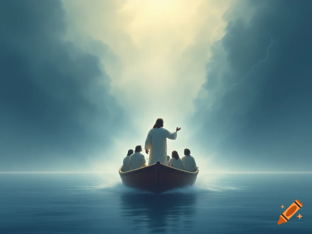 Jesus stands in a boat with disciples on the sea, facing a stormy sky. Minimalist style.