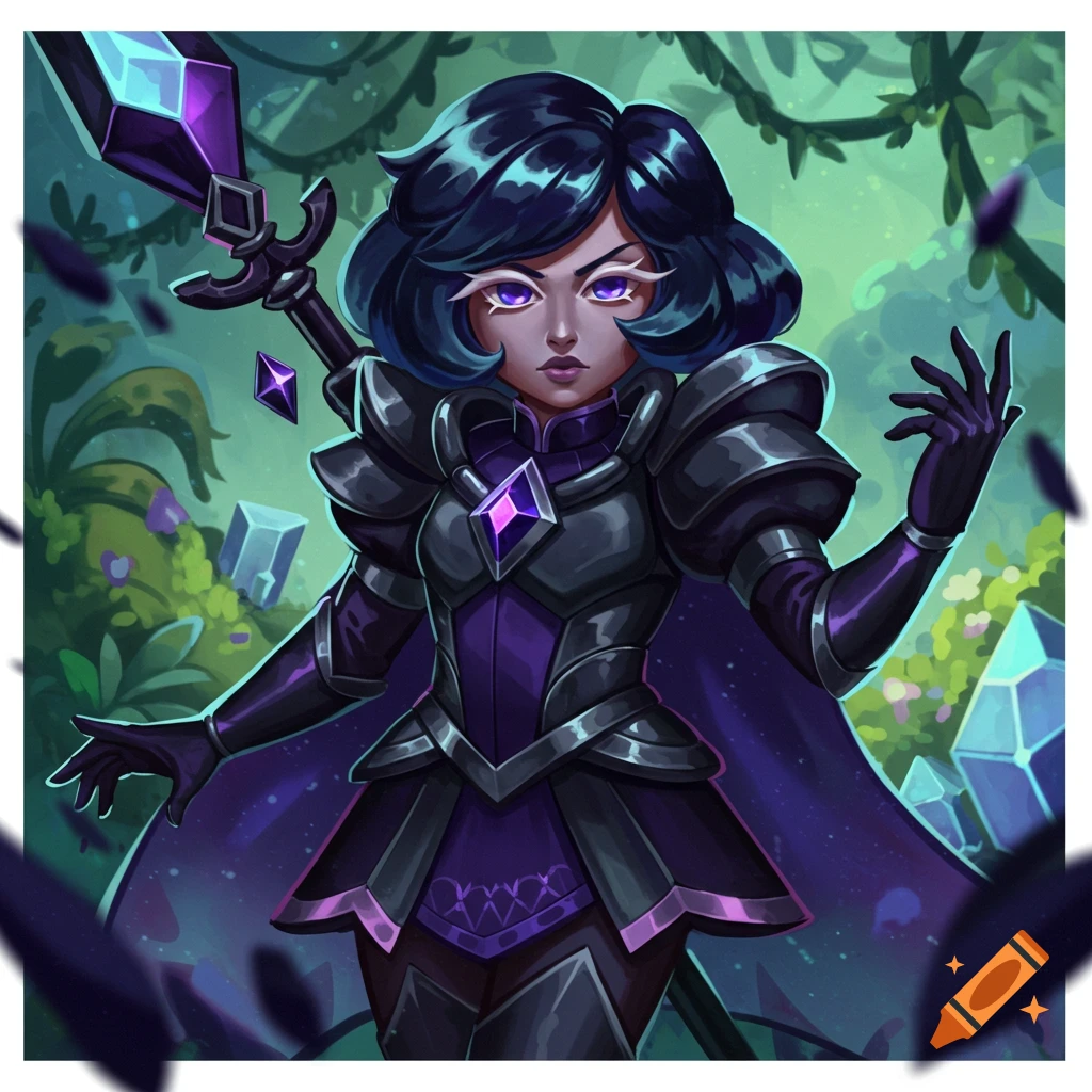 A stylized illustration of a character in dark armor holding a staff with purple crystals in a forest.