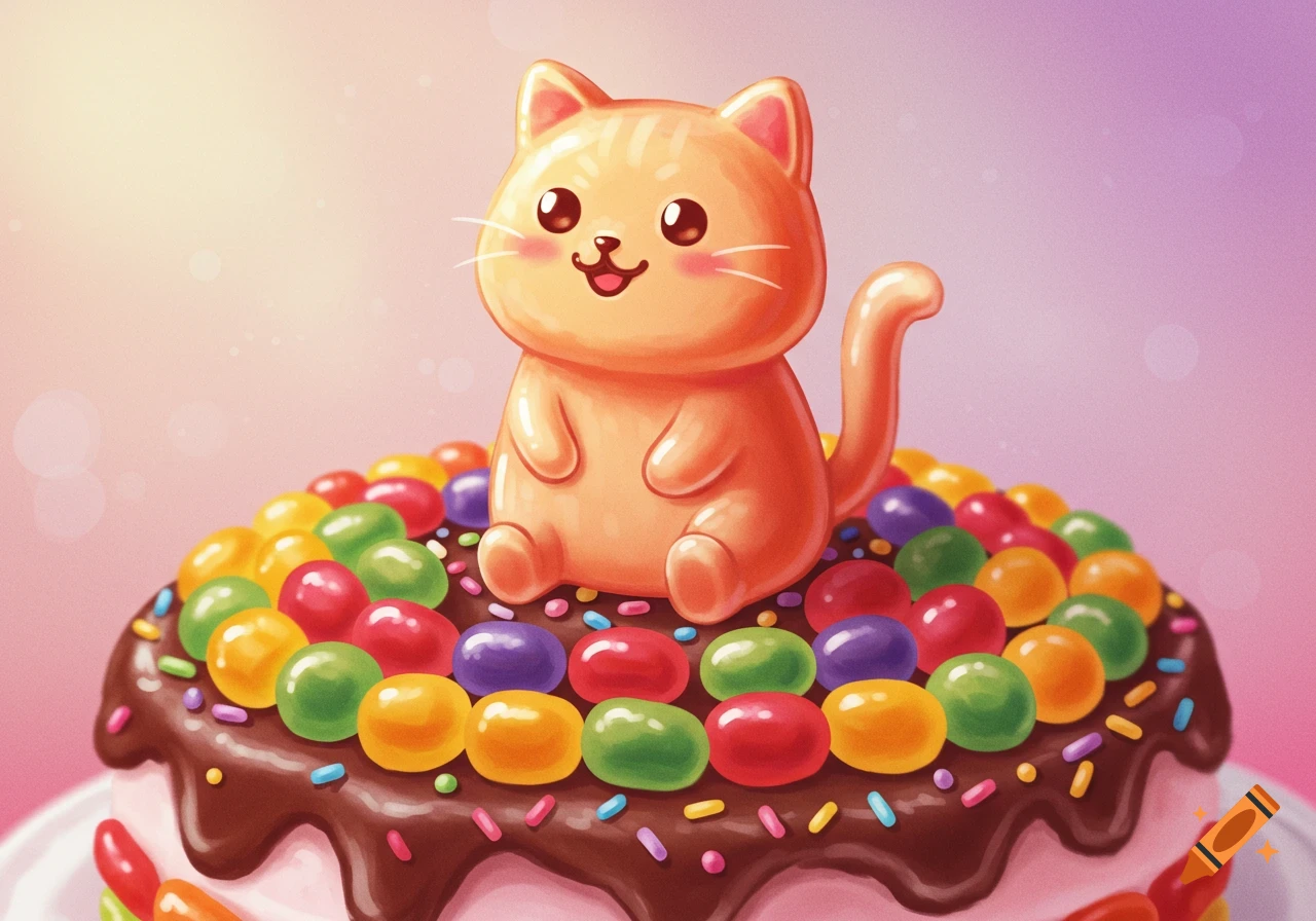 Cute cartoon orange cat sits atop a chocolate cake covered in colorful candies and sprinkles.