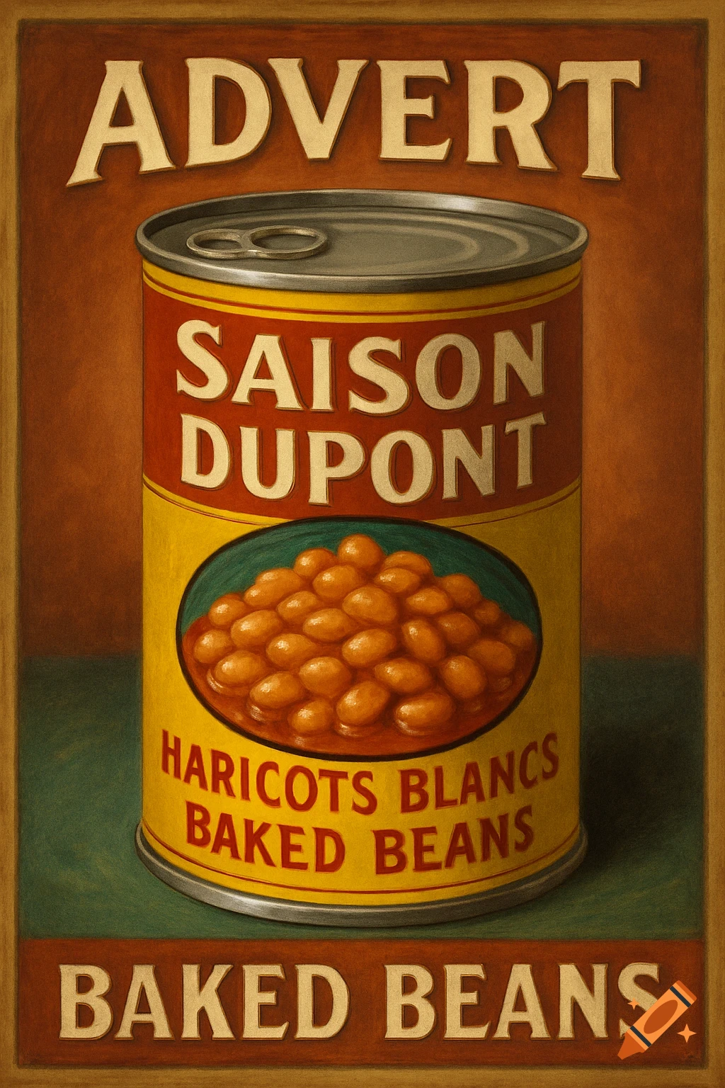Vintage-style illustration of a Saison DuPont baked beans can advertisement