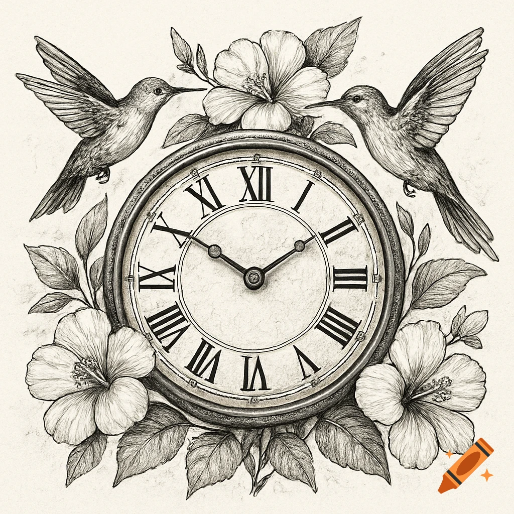 Black and white sketch of an antique Roman numeral clock surrounded by hummingbirds and flowers.