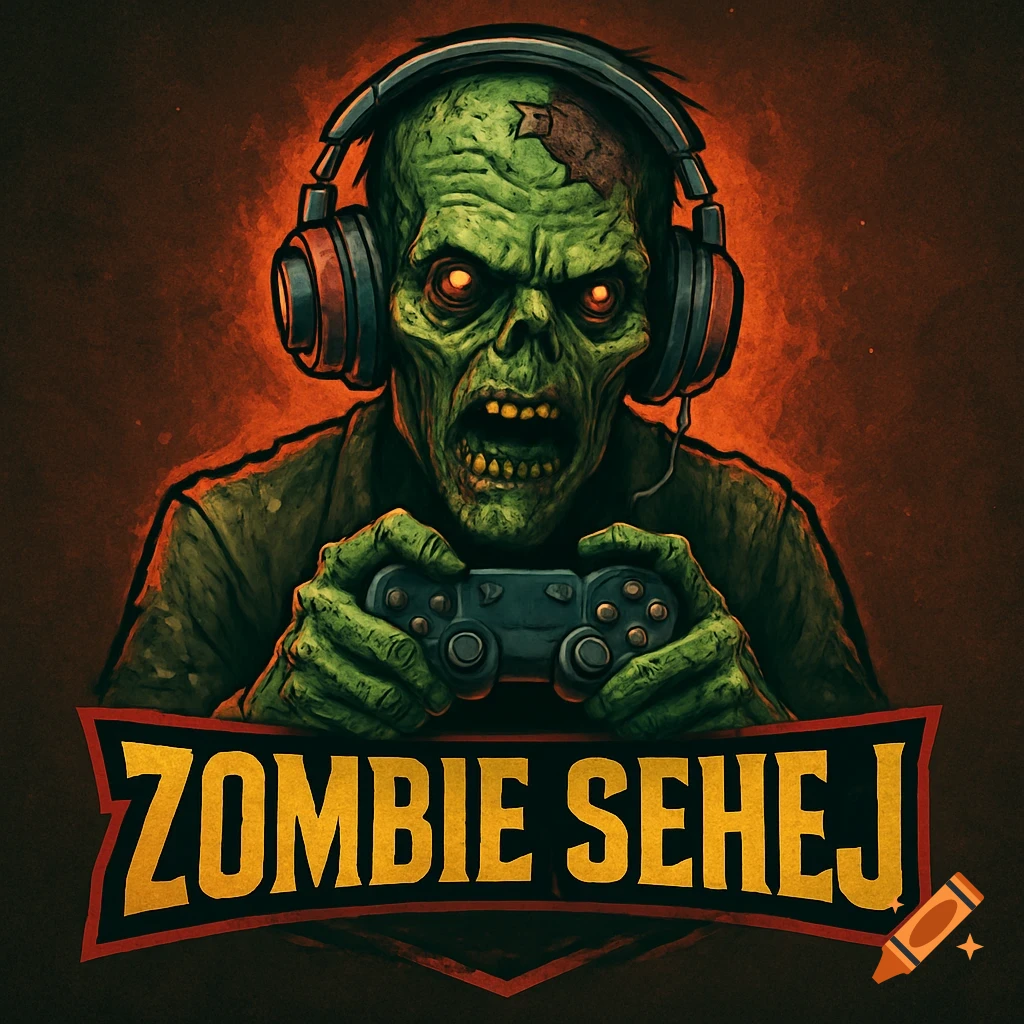 A stylized illustration of a green-skinned zombie wearing headphones and holding a game controller, with a banner below reading 'ZOMBIE SEHEJ'.