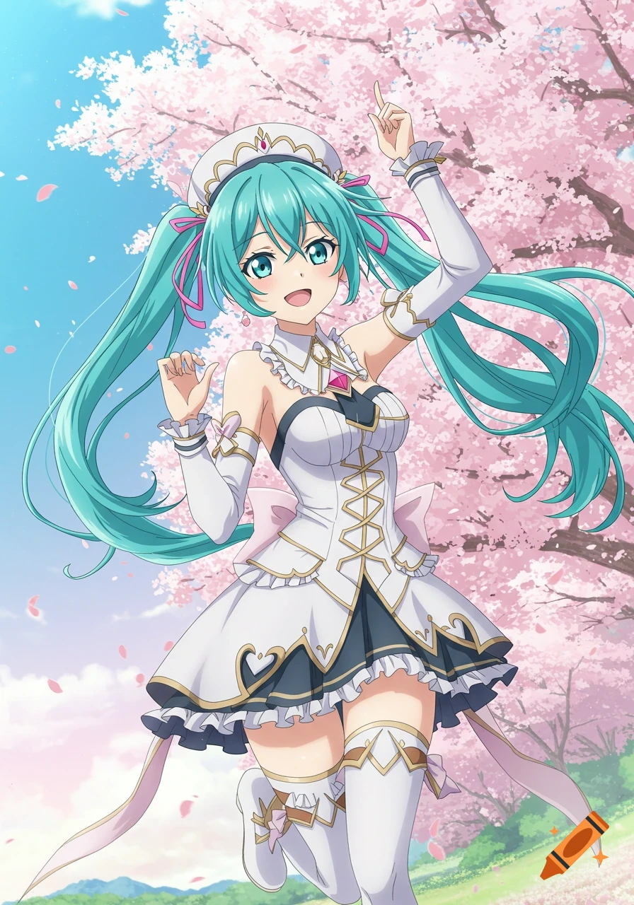 Anime woman in white dress pointing up under cherry blossoms.