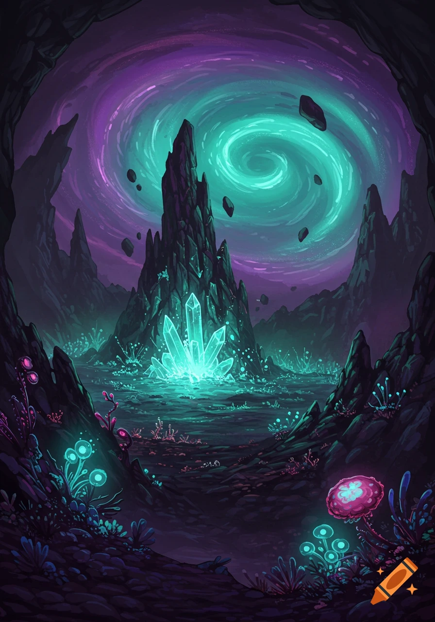 A vibrant fantasy landscape depicting glowing blue crystals around a large dark rock formation, with jagged cliffs and a swirling purple and teal nebula sky.