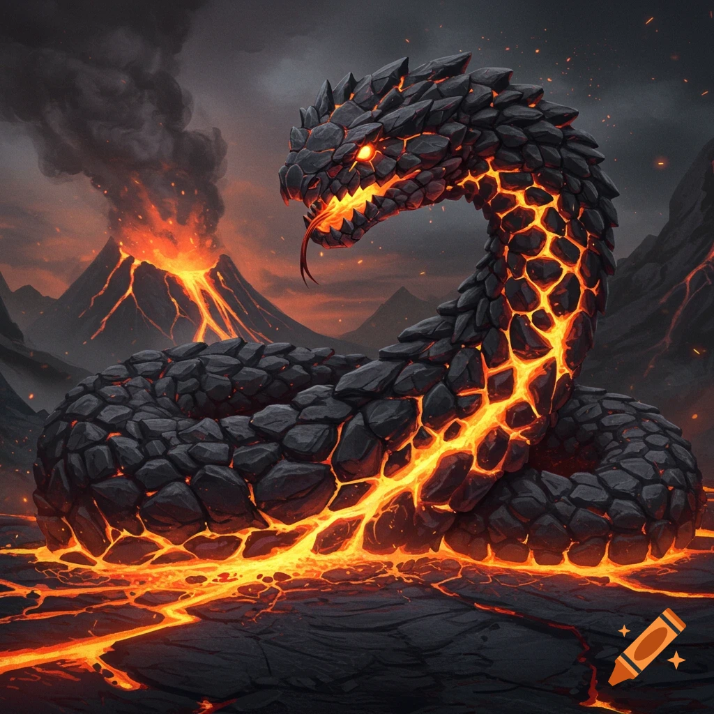 Giant lava and rock snake in a volcanic landscape