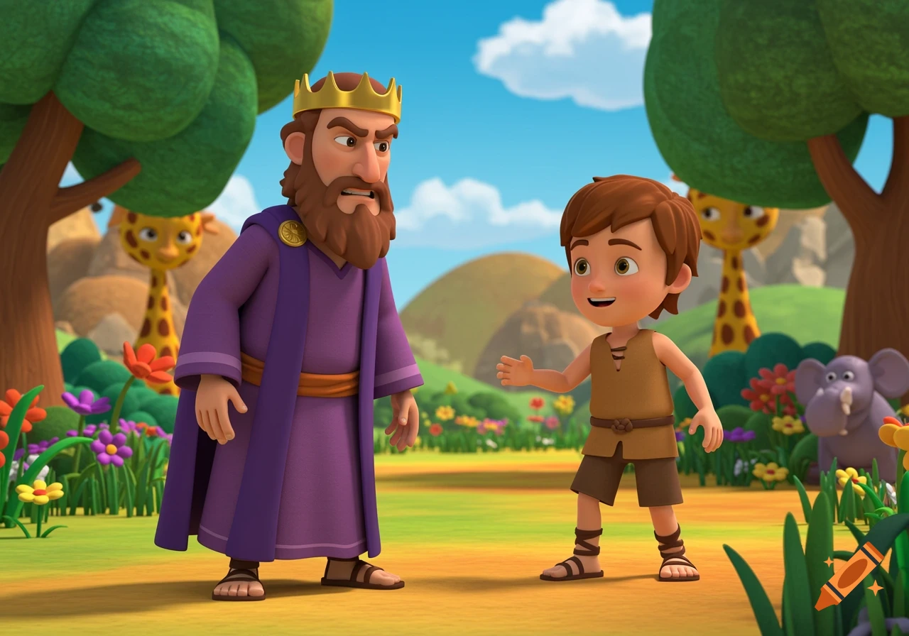 Cartoon of King Saul talking to young David in a grassy field with giraffes and an elephant.