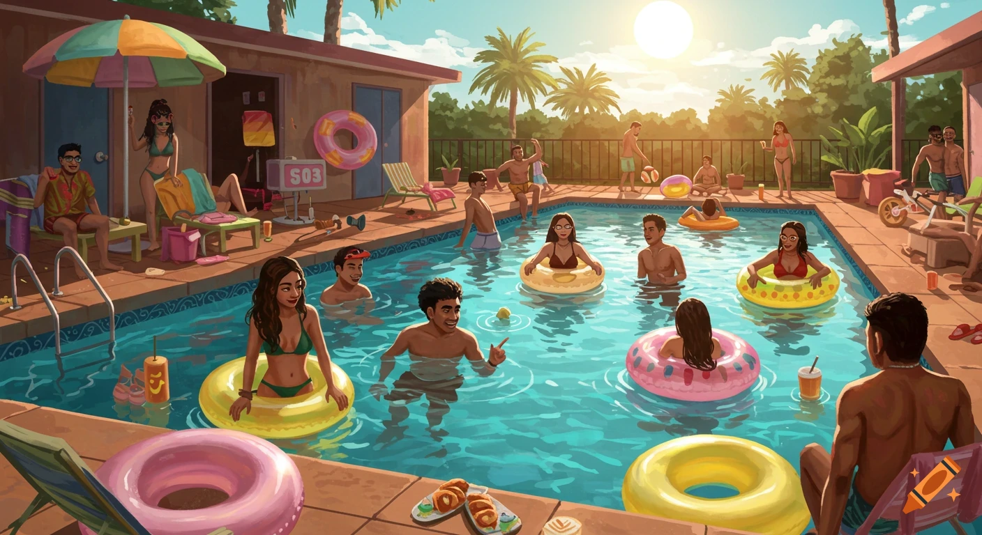 Illustration of a lively pool party with many people swimming and relaxing around a pool.