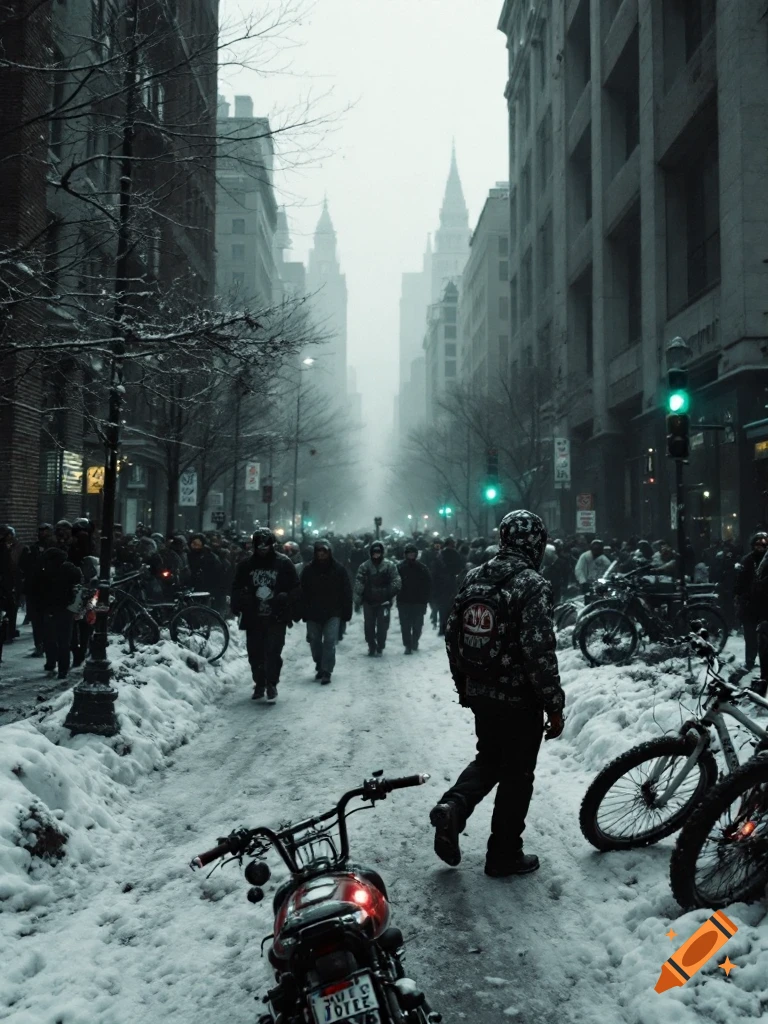 A crowded city street is covered in snow with people walking and vehicles like bicycles and motorcycles.