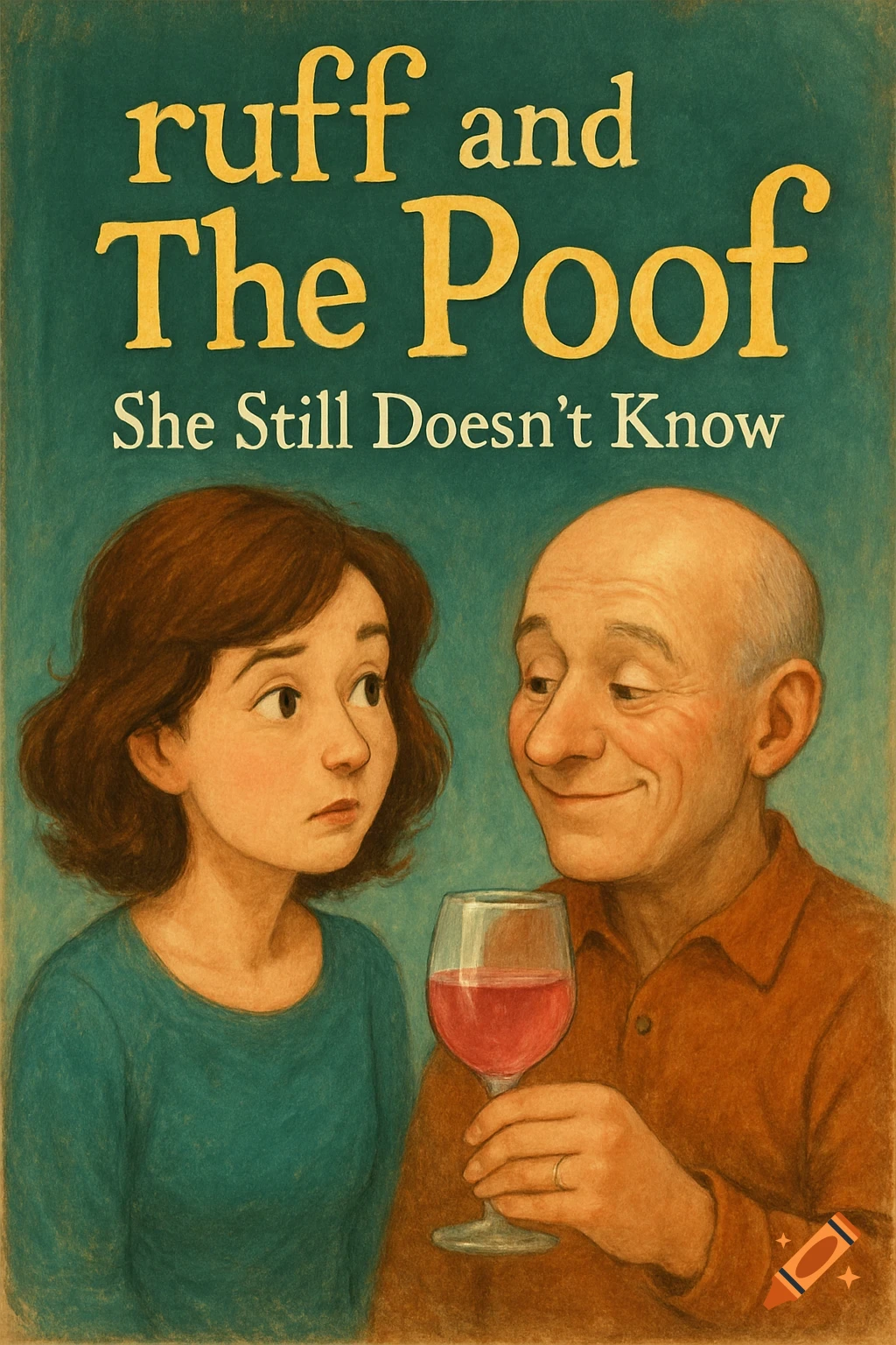 Illustrated children's book cover with woman, bald man, glass, and title 'ruff and The Poof She Still Doesn’t Know'