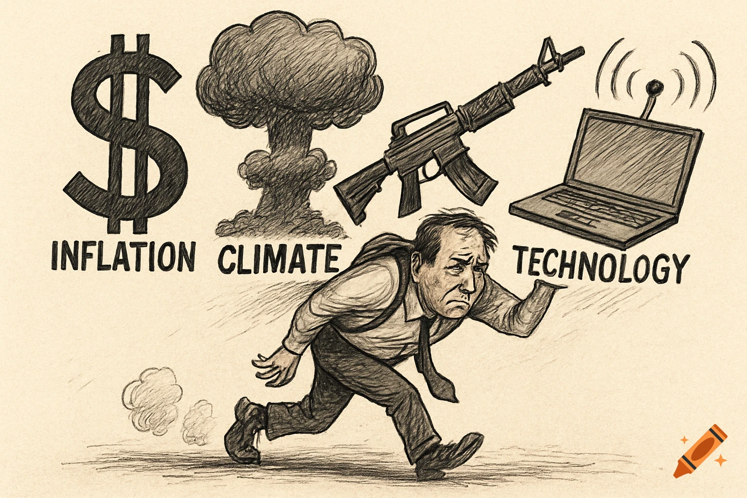 Sketch of a man running from symbols of inflation, climate, violence, and technology with text labels.