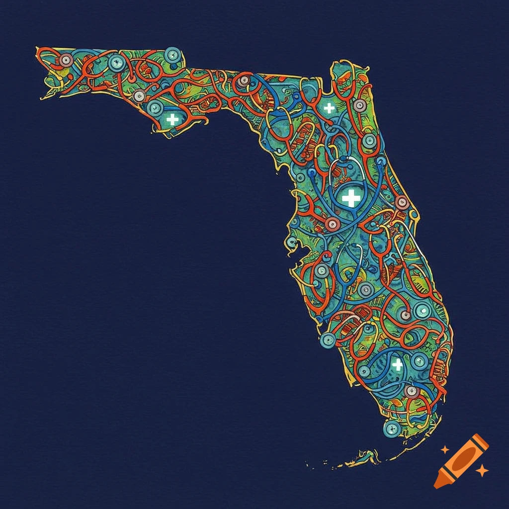 Map of Florida filled with colorful stethoscopes and medical symbols on a dark background.