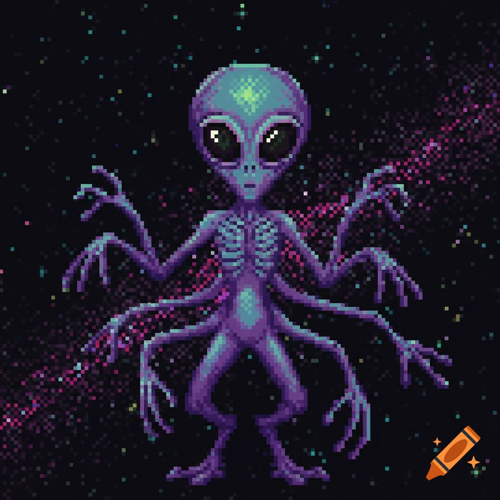 Pixel art alien with multiple arms against a starry space background