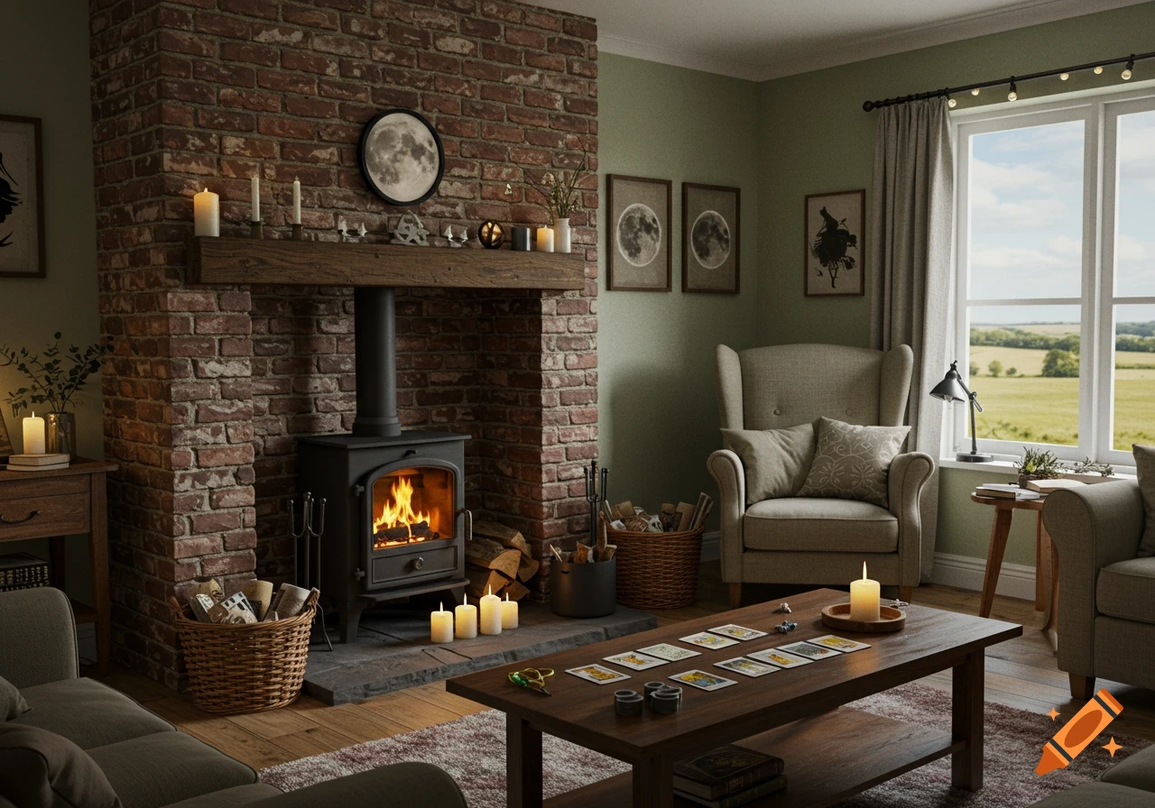 A cozy living room with a brick fireplace, log stove, armchair, and coffee table with tarot cards laid out, with a view of the countryside.