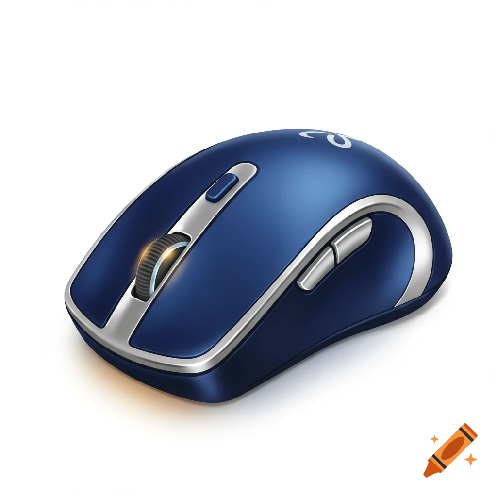 A blue wireless computer mouse with silver accents and a glowing scroll wheel on a white background.