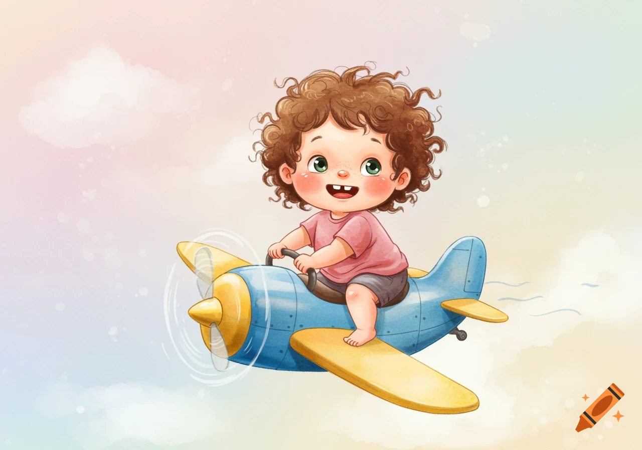 Watercolor illustration of a toddler riding a toy airplane.