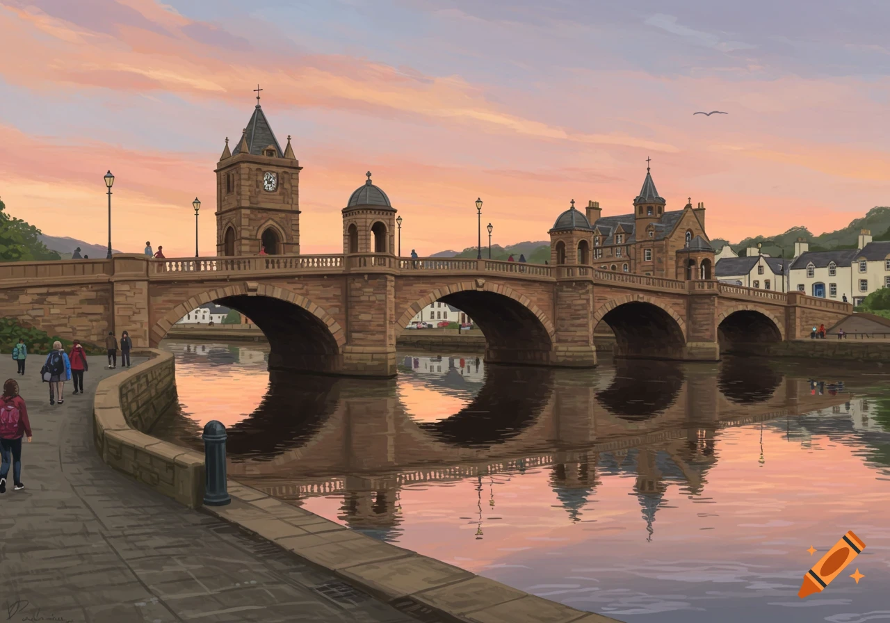 Painting of a stone bridge over a river at sunset with buildings and people on the shore.