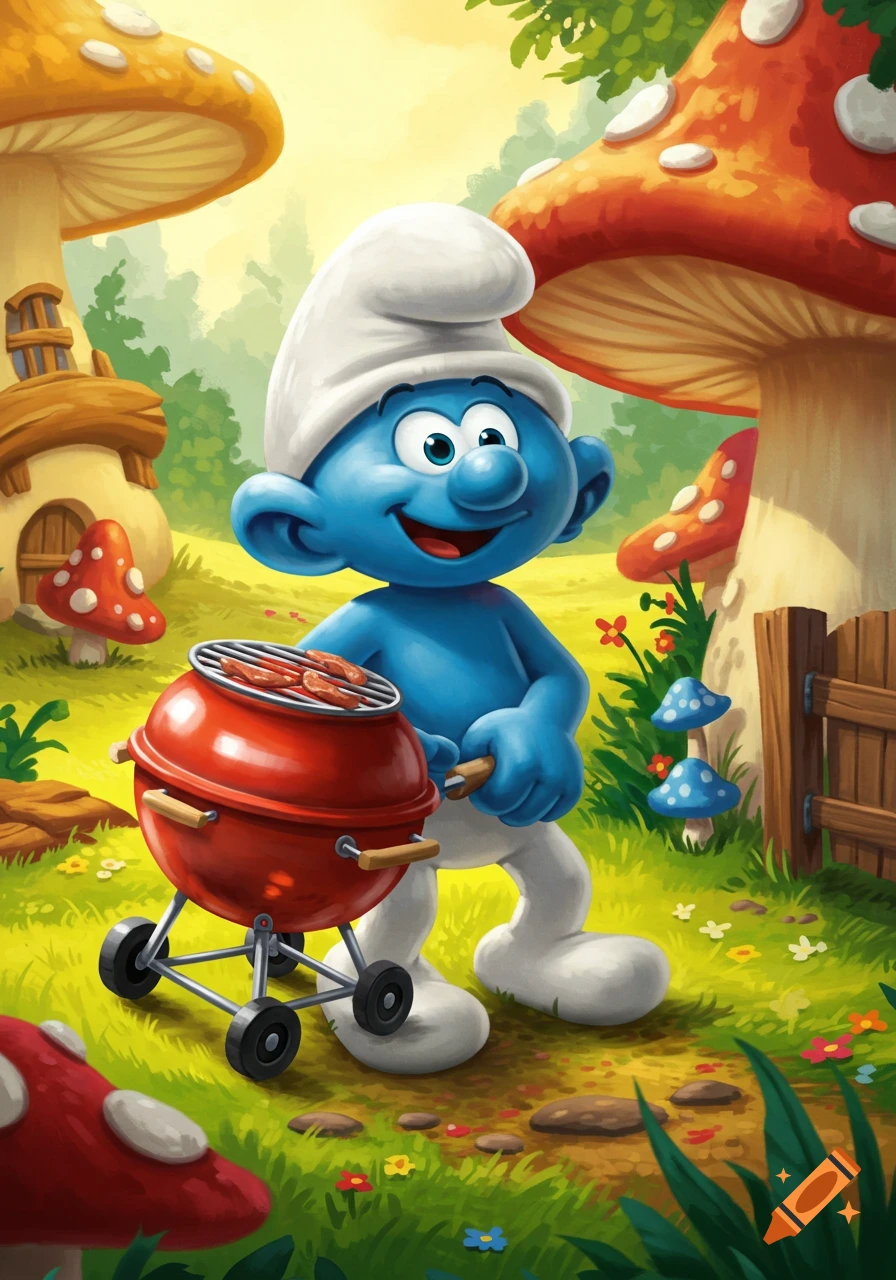 A Smurf grills sausages on a BBQ in a fantasy forest with mushroom houses.