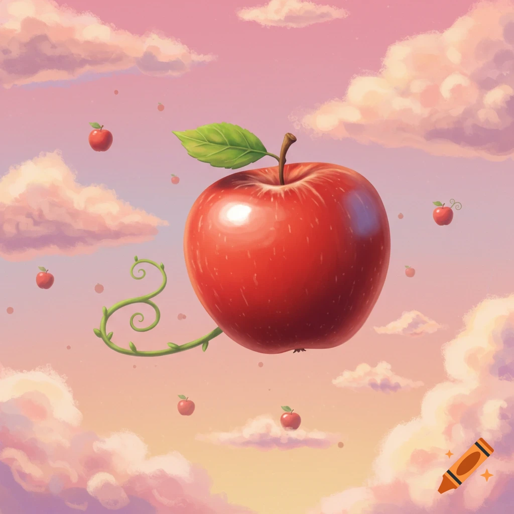 A large red apple floats in a pink sky with fluffy clouds and smaller apples, illustration style.