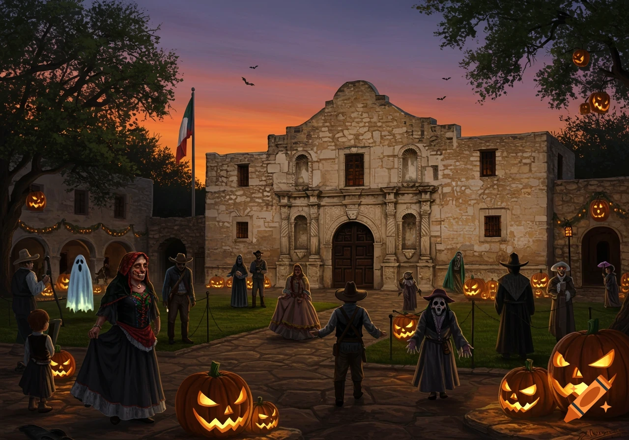 Halloween gathering at the Alamo with costumed figures and carved pumpkins under a sunset sky.