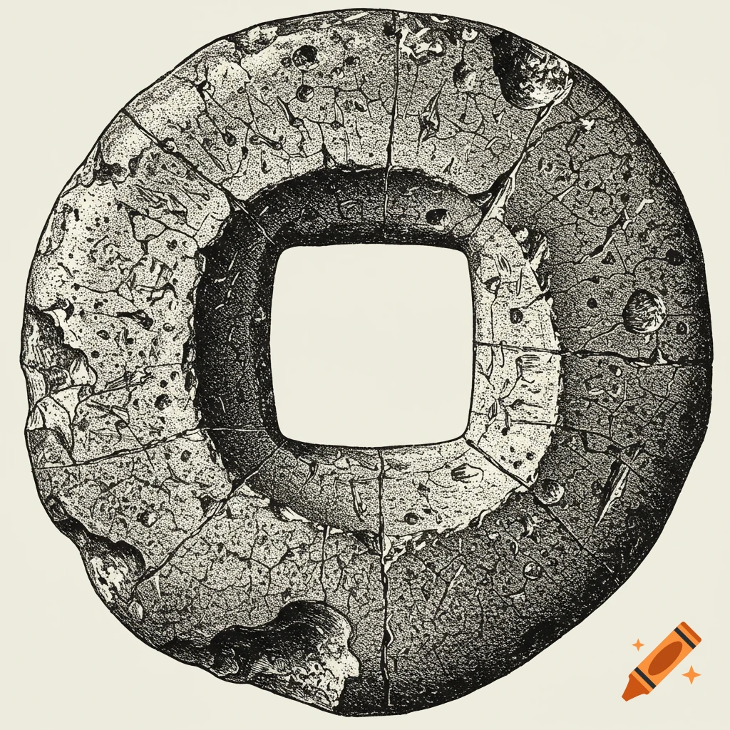 Black and white illustration of an ancient, rough stone millstone fragment with a central square hole.