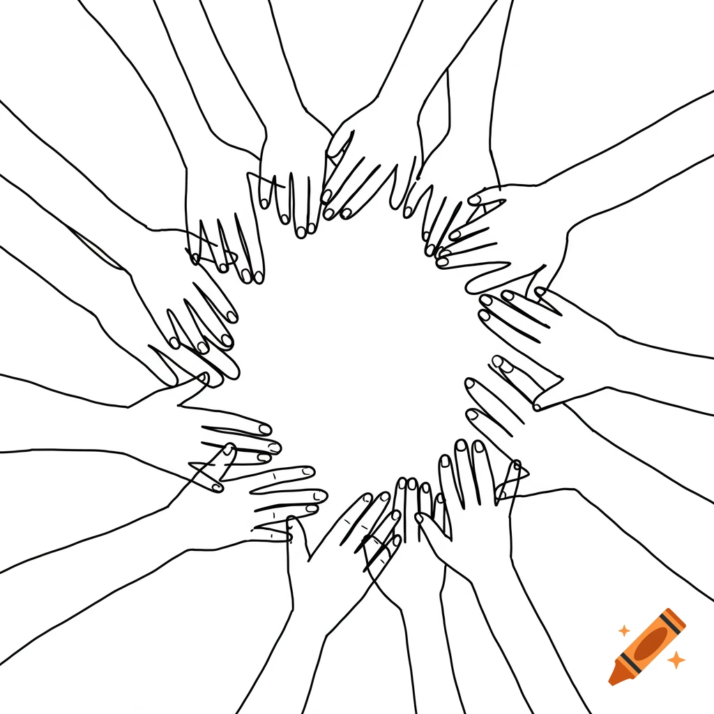 Outline drawing of multiple hands in a circle. on Craiyon