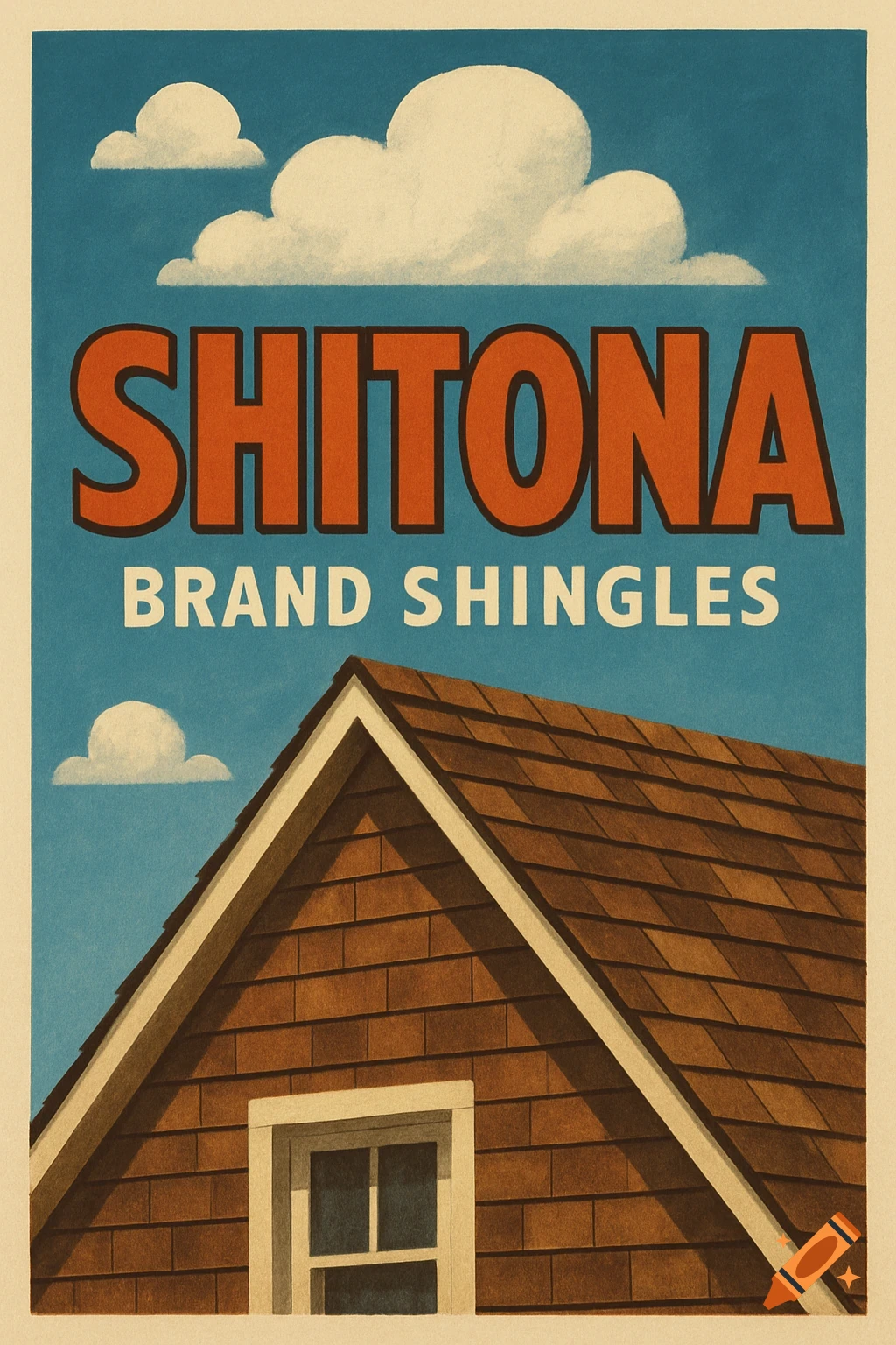 Vintage style poster advertisement for Shitona brand shingles showing a roof and sky.