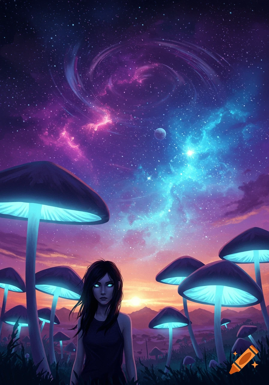 A woman stands among glowing mushrooms under a vibrant purple and blue starry sky.