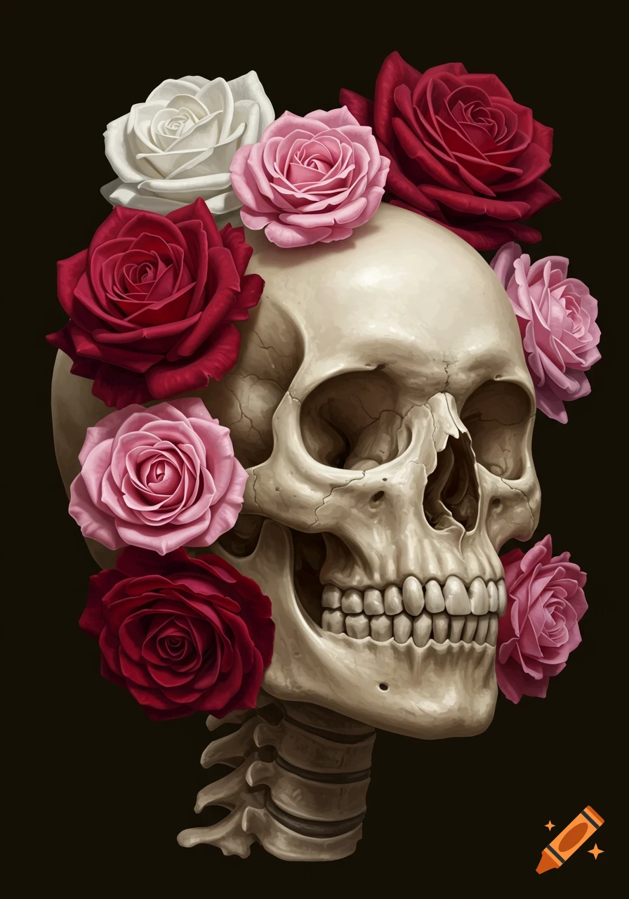 A realistic illustration of a skull adorned with red, pink, and white roses.