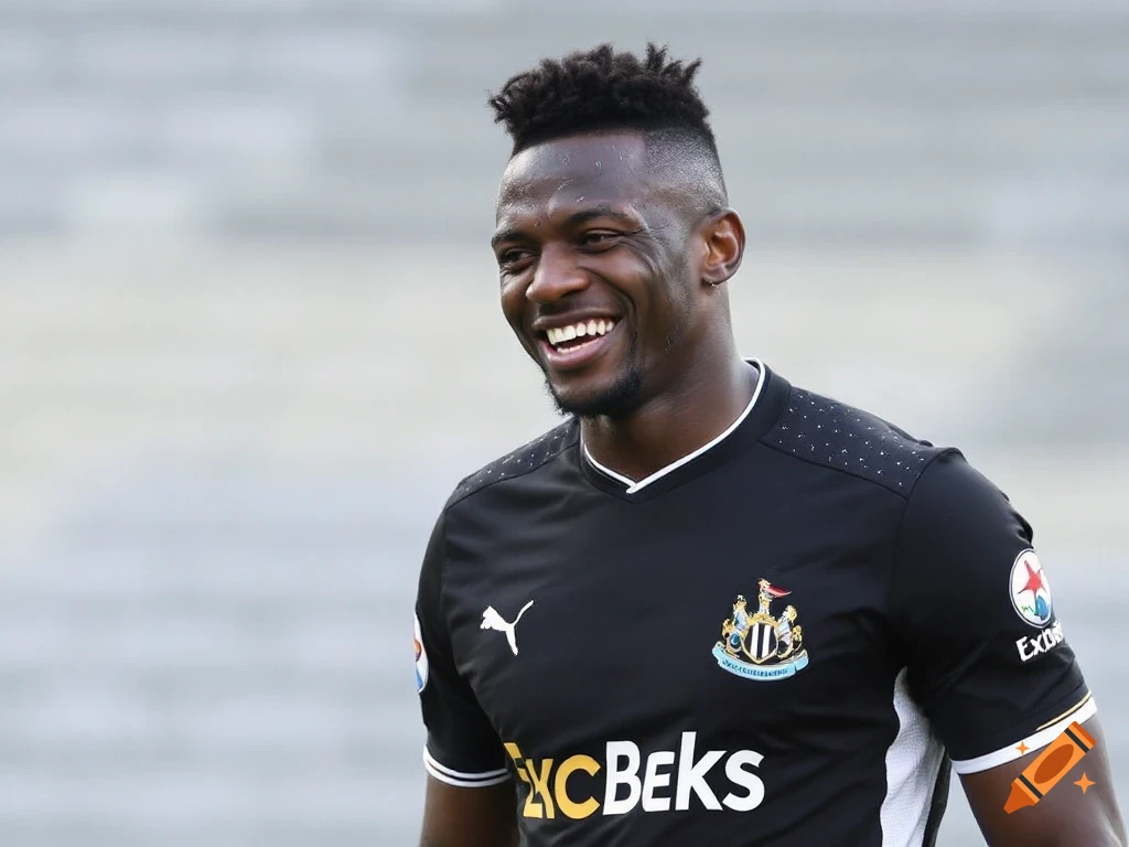 Smiling soccer player in a black Newcastle United jersey.