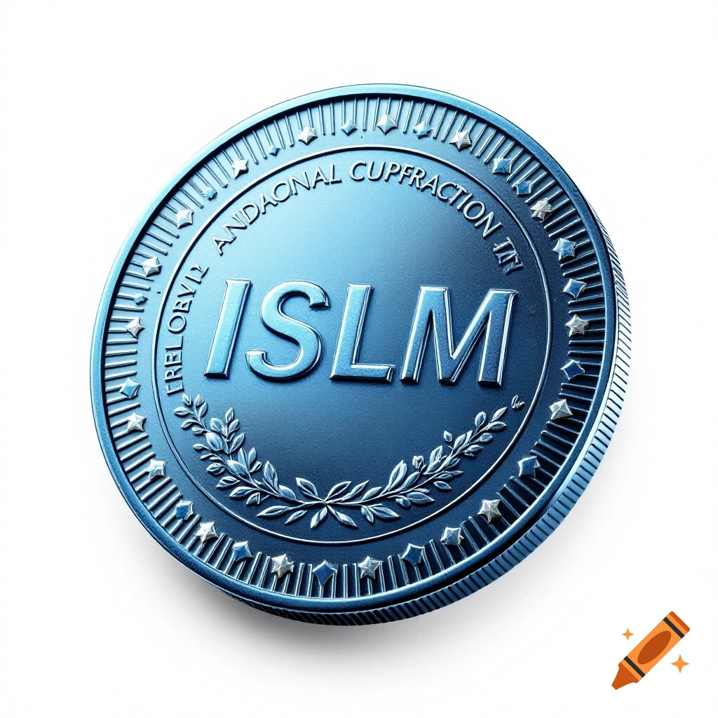 A shiny blue metallic coin with engraved text and stars.