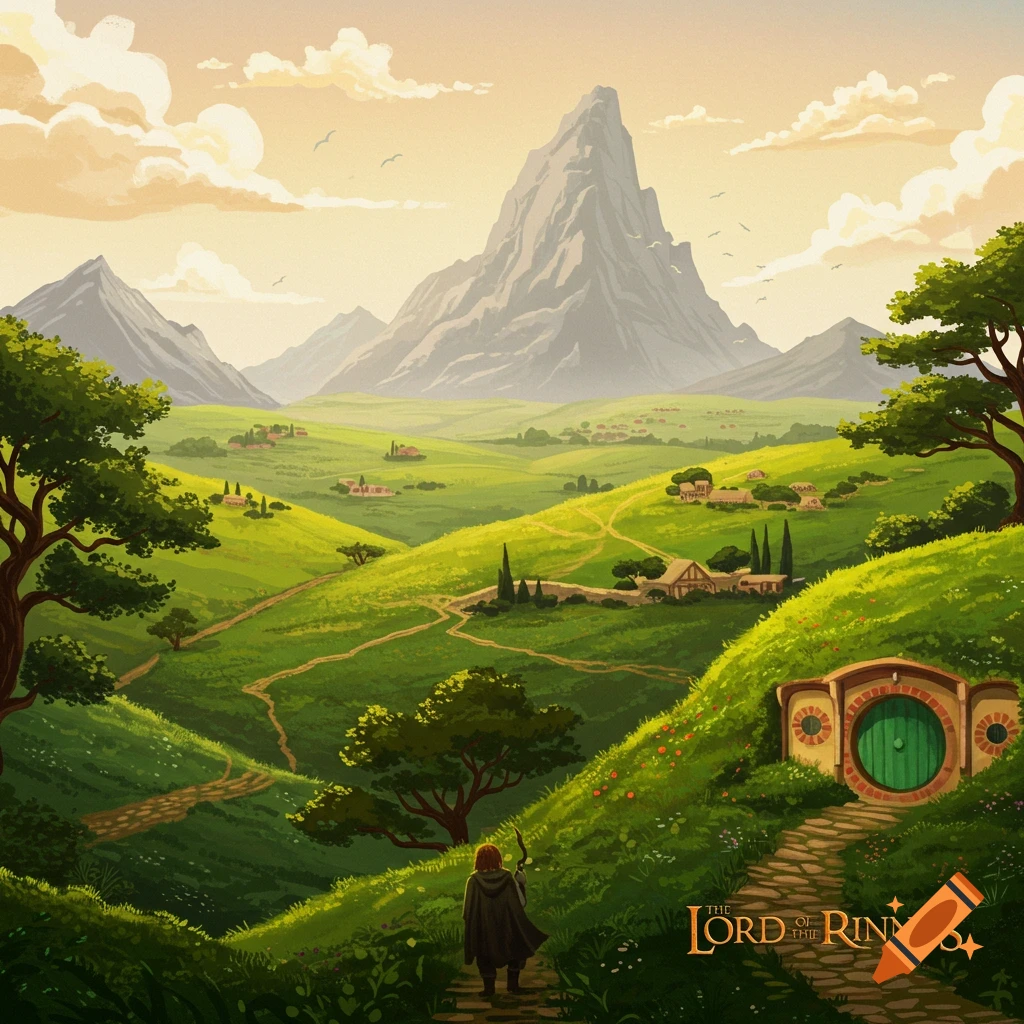 A hobbit walks down a path towards a hobbit hole in a green, hilly landscape with mountains in the background, in a stylized art style.