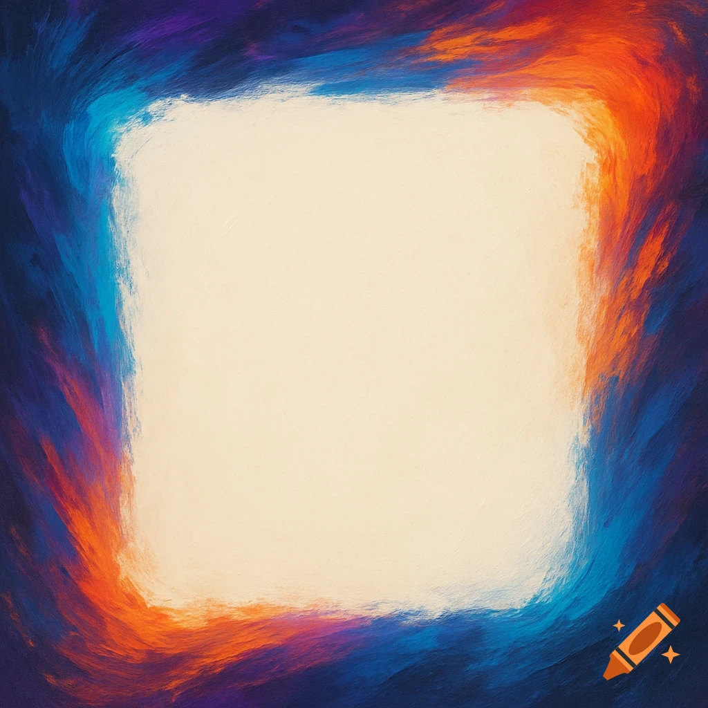 Abstract painterly border in blues, purples, and oranges around a cream center.