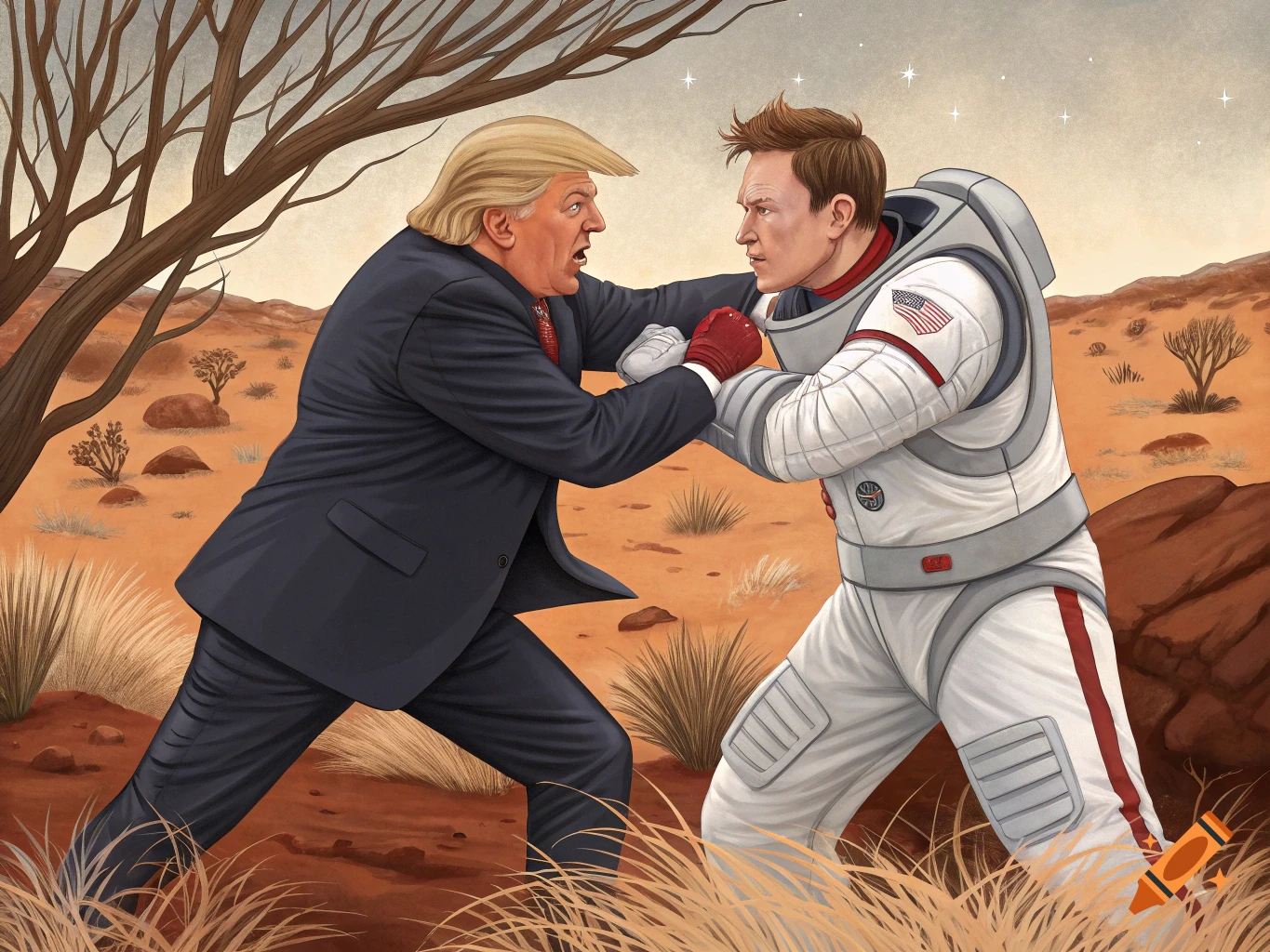 Donald Trump in a suit fights Elon Musk in an astronaut suit in a desert landscape.
