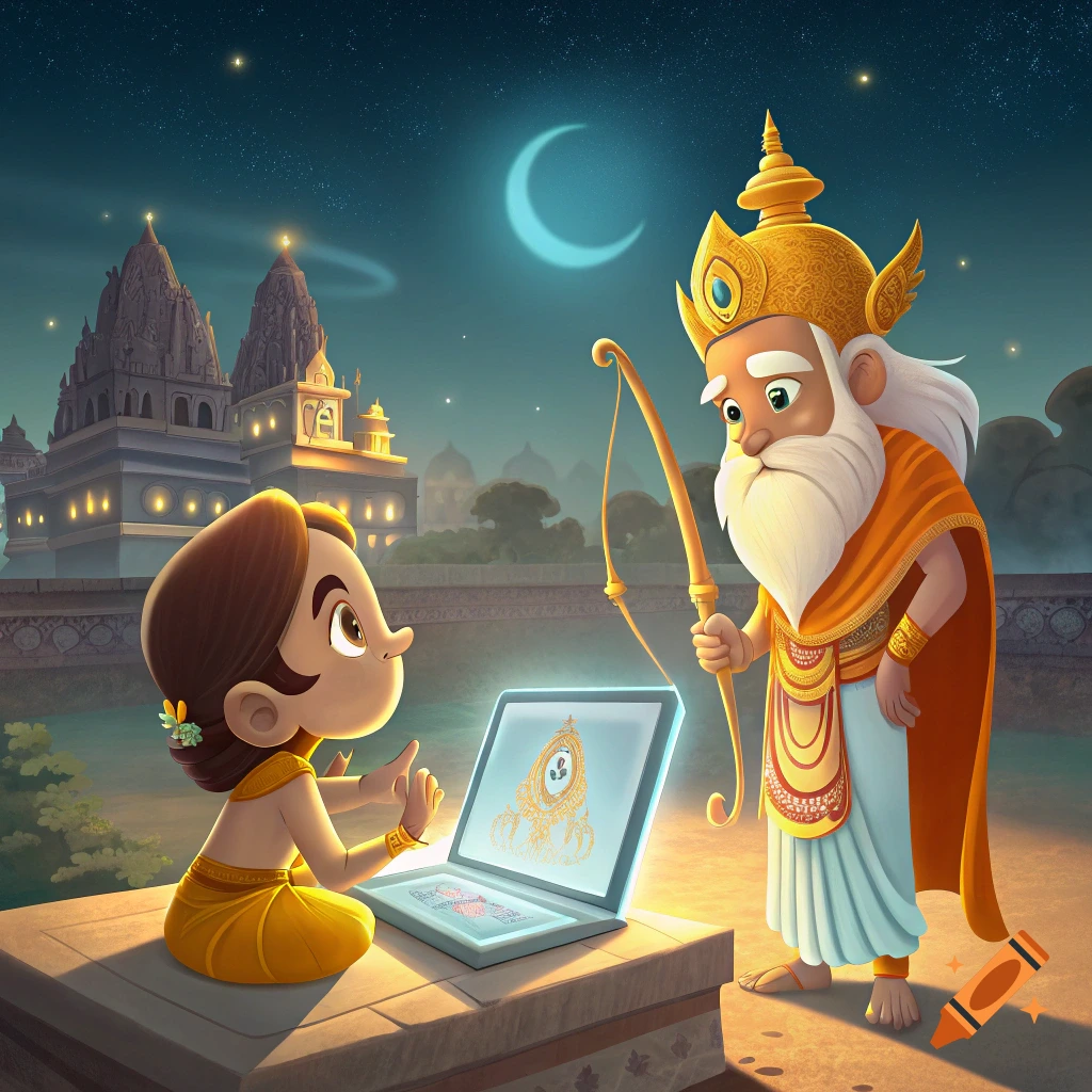 Cartoon boy and old man look at laptop showing religious emblem in a temple setting at night.