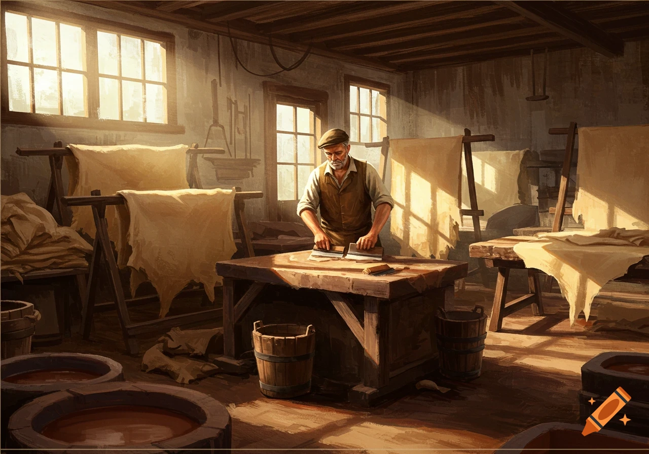 A man works on hides at a table in a sunny tannery workshop, painted style.