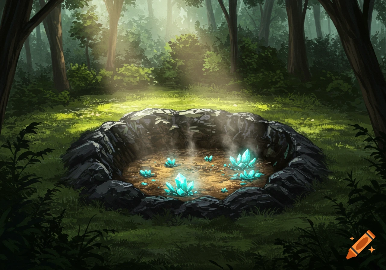A fantasy scene shows a forest clearing with sunbeams shining on a small crater filled with glowing blue crystals.