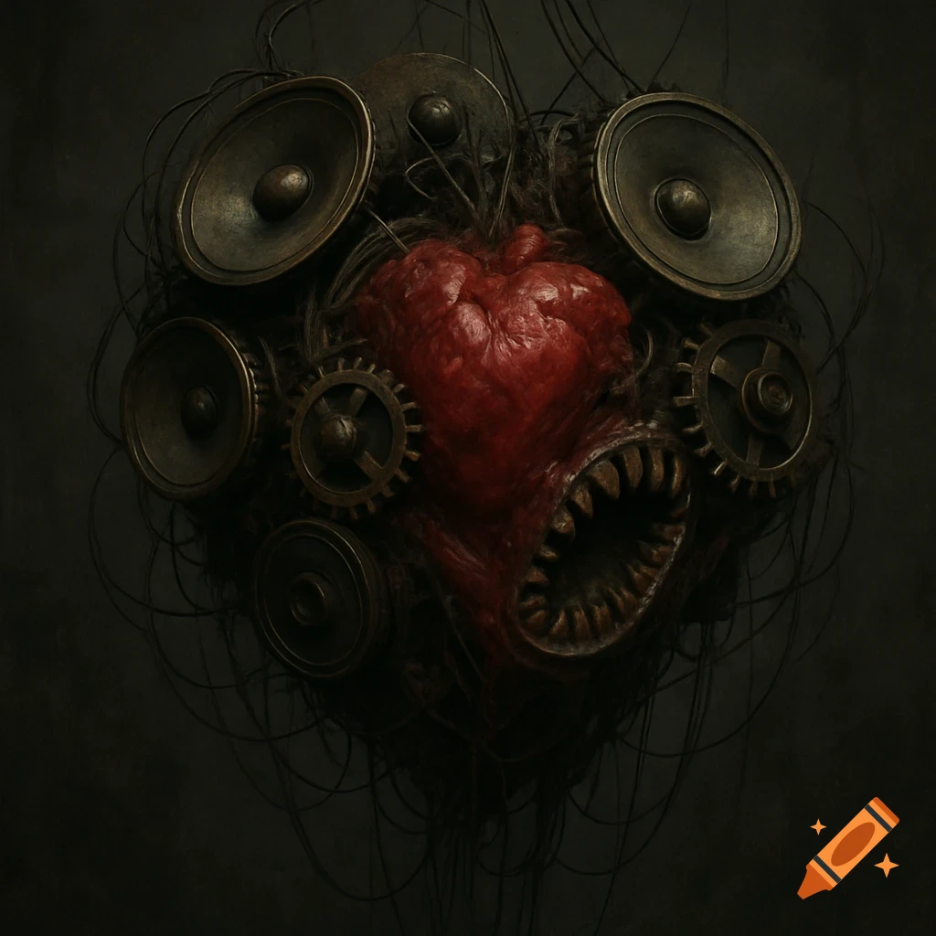 Biomechanical heart creature with speakers, gears, teeth, and wires on a dark background.