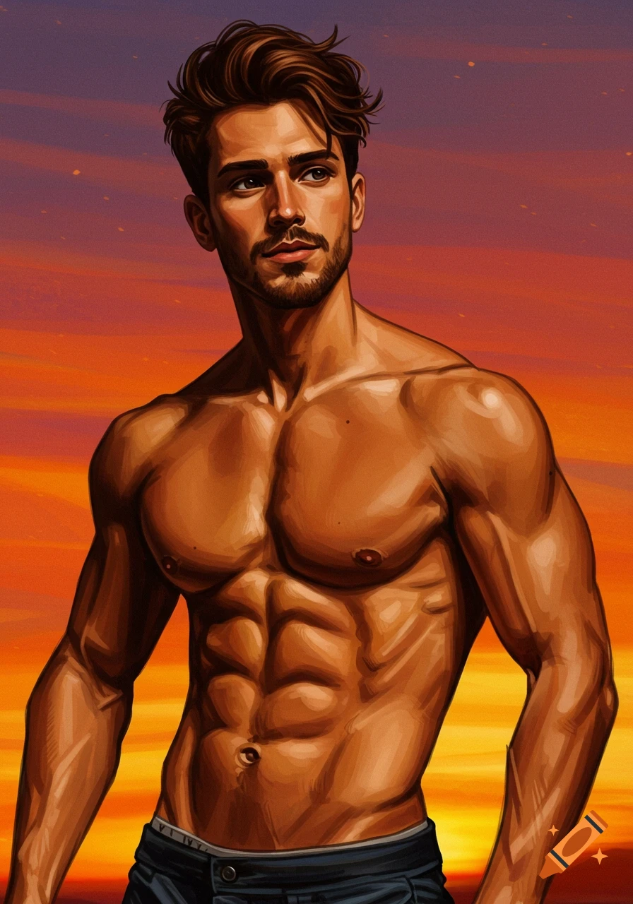 Shirtless man with muscles against a sunset sky