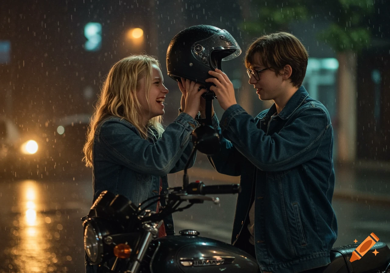 Girl and boy with a helmet on a motorcycle in the rain.