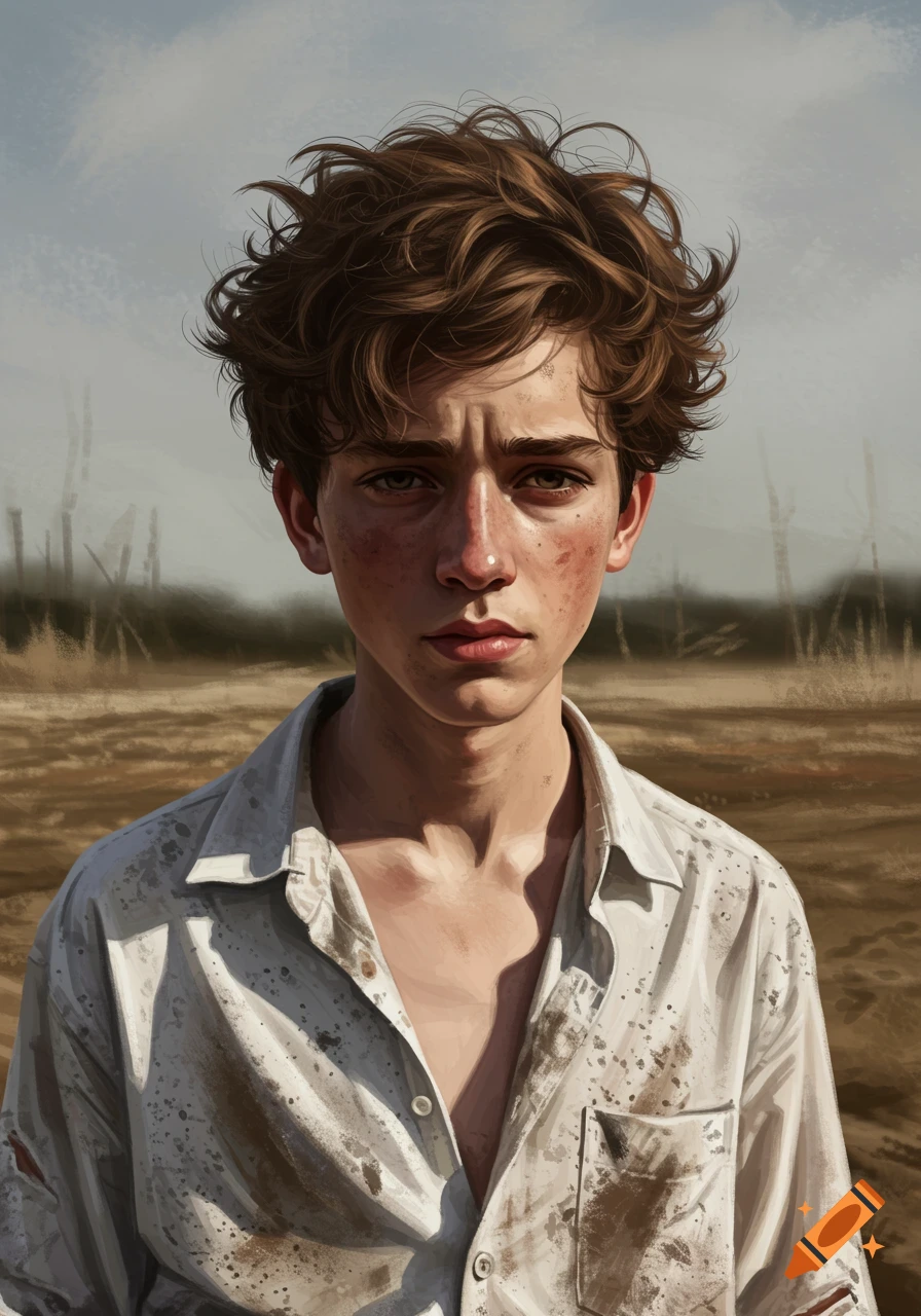 A teenage boy with messy brown hair wears a dirty white shirt, standing in a field under a cloudy sky.