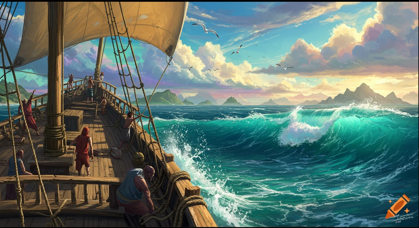 Sailing ship navigating rough waves with mountains on the horizon.