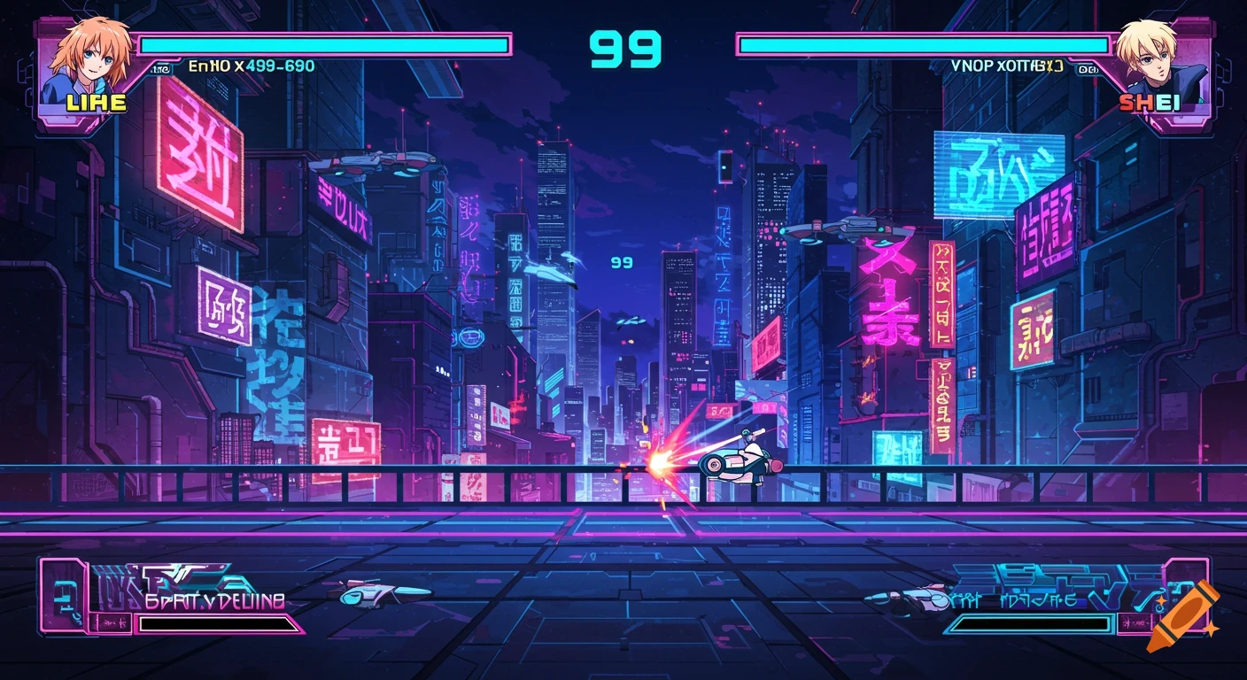 A pixel art fighting game screenshot with two anime characters, UI elements, and a cyberpunk city background.