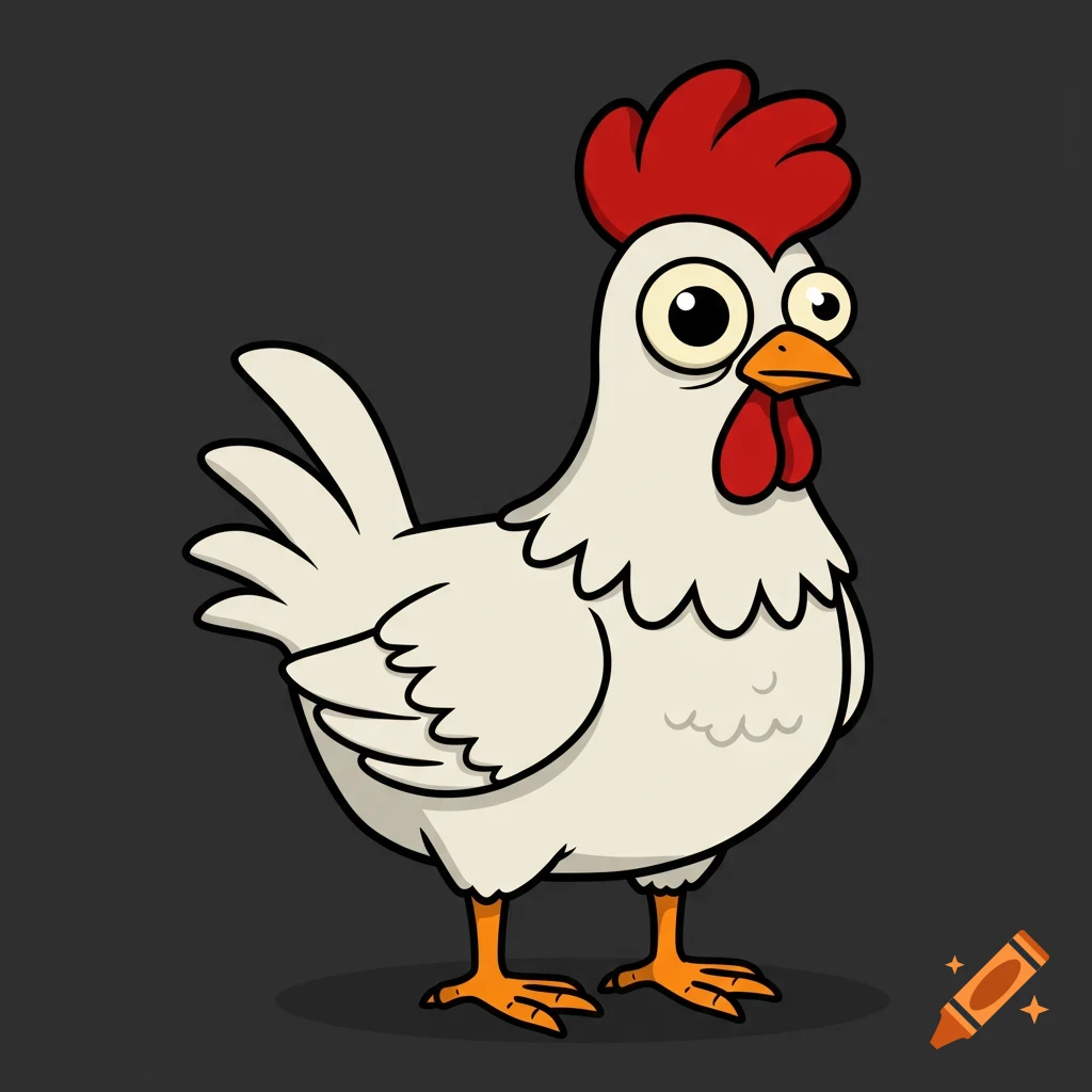 A cartoon white chicken with a big red comb and wattles. It has one big eye and one smaller eye.