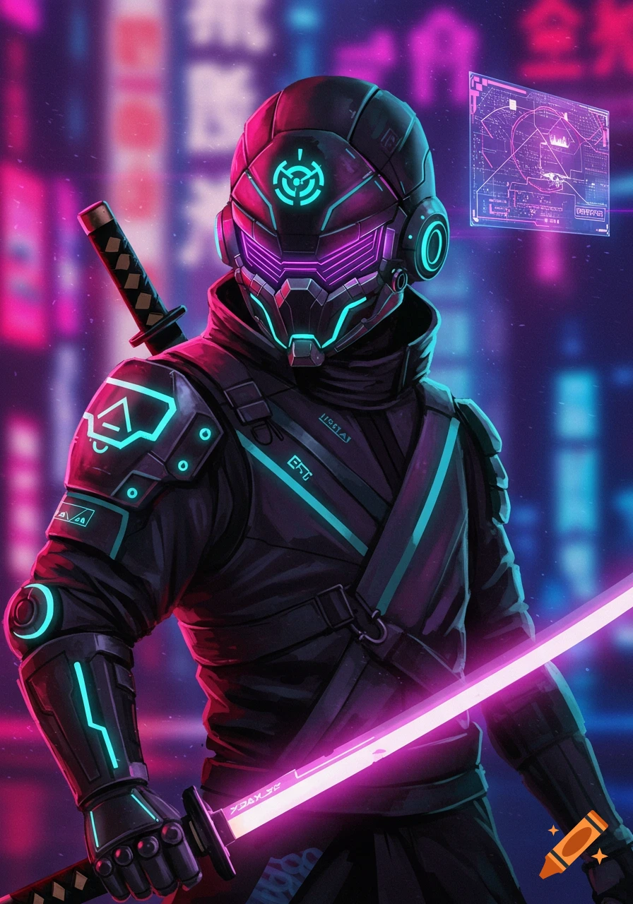 A cyberpunk mecha ninja stands in a neon city street, holding a glowing purple sword.