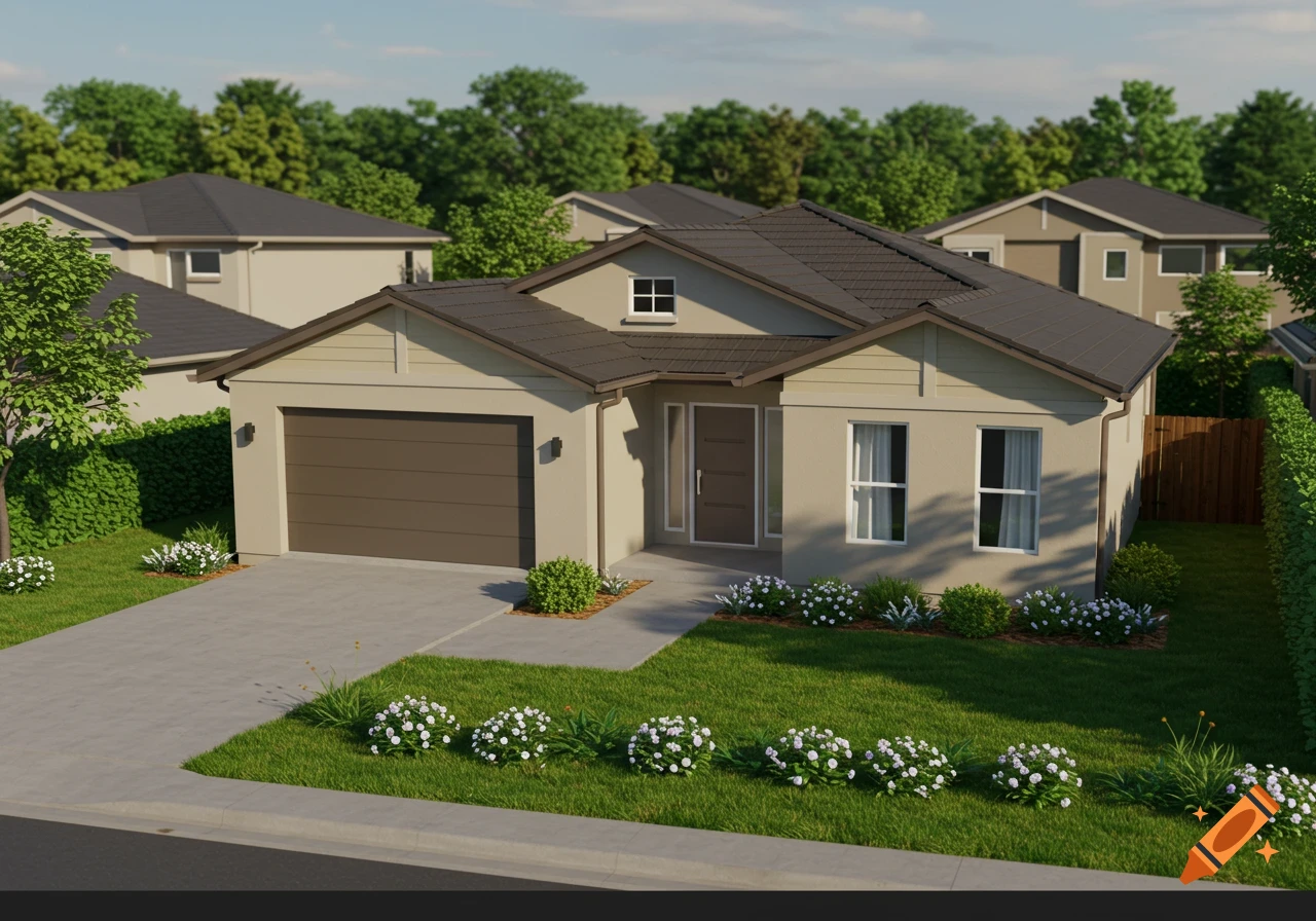 A 3D rendered single family home from a three-quarters view